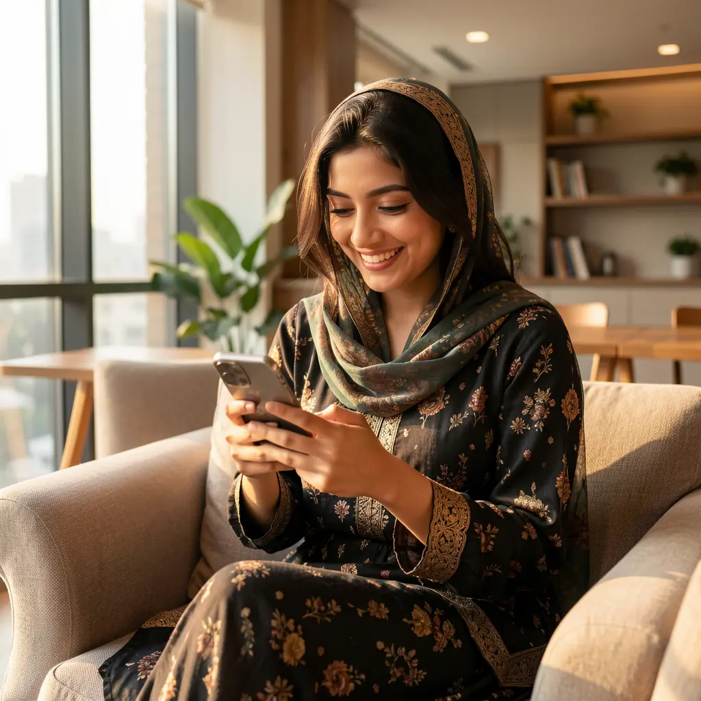 Stylish Pakistani woman using the CR777 casino app on her smartphone while relaxing in a modern indoor setting with warm natural lighting