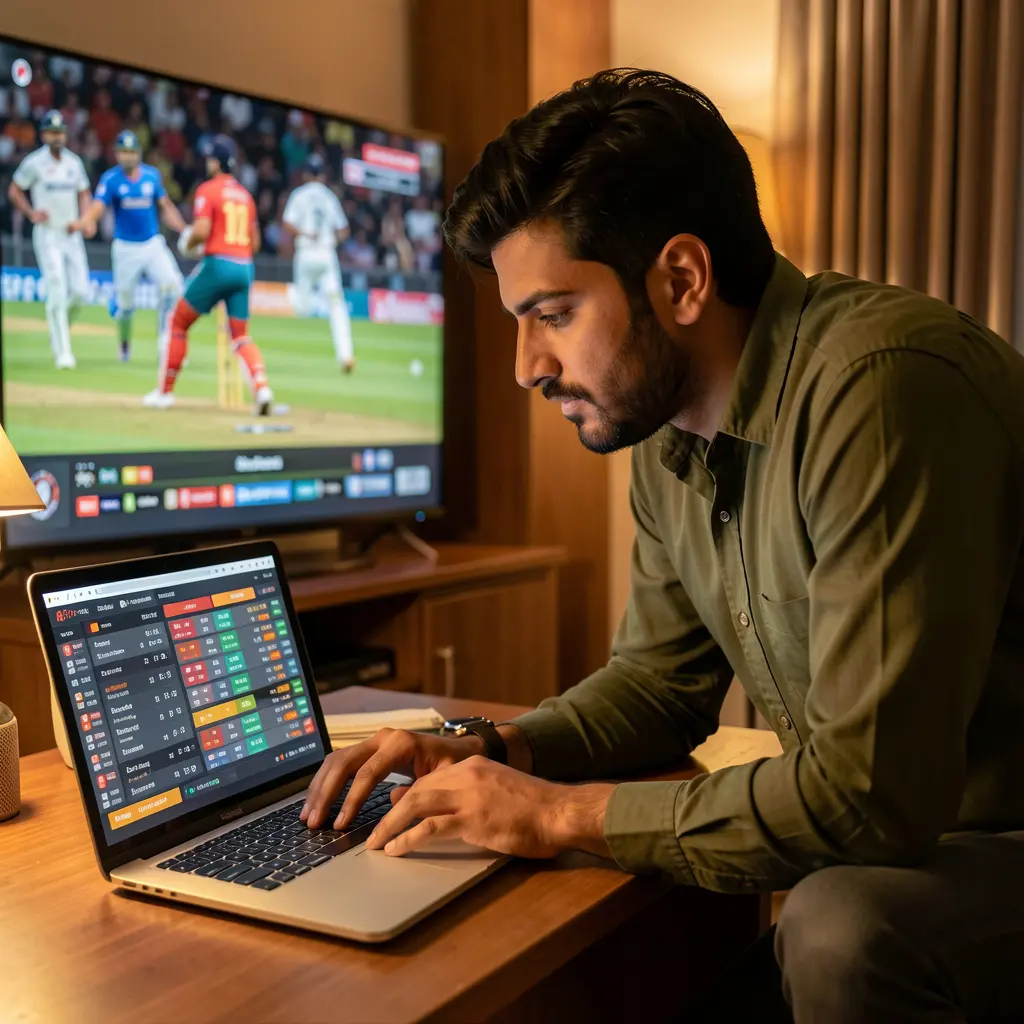 Pakistani sports fan placing live cricket bets on a laptop with CR777 while watching match highlights on TV in a cozy home setting