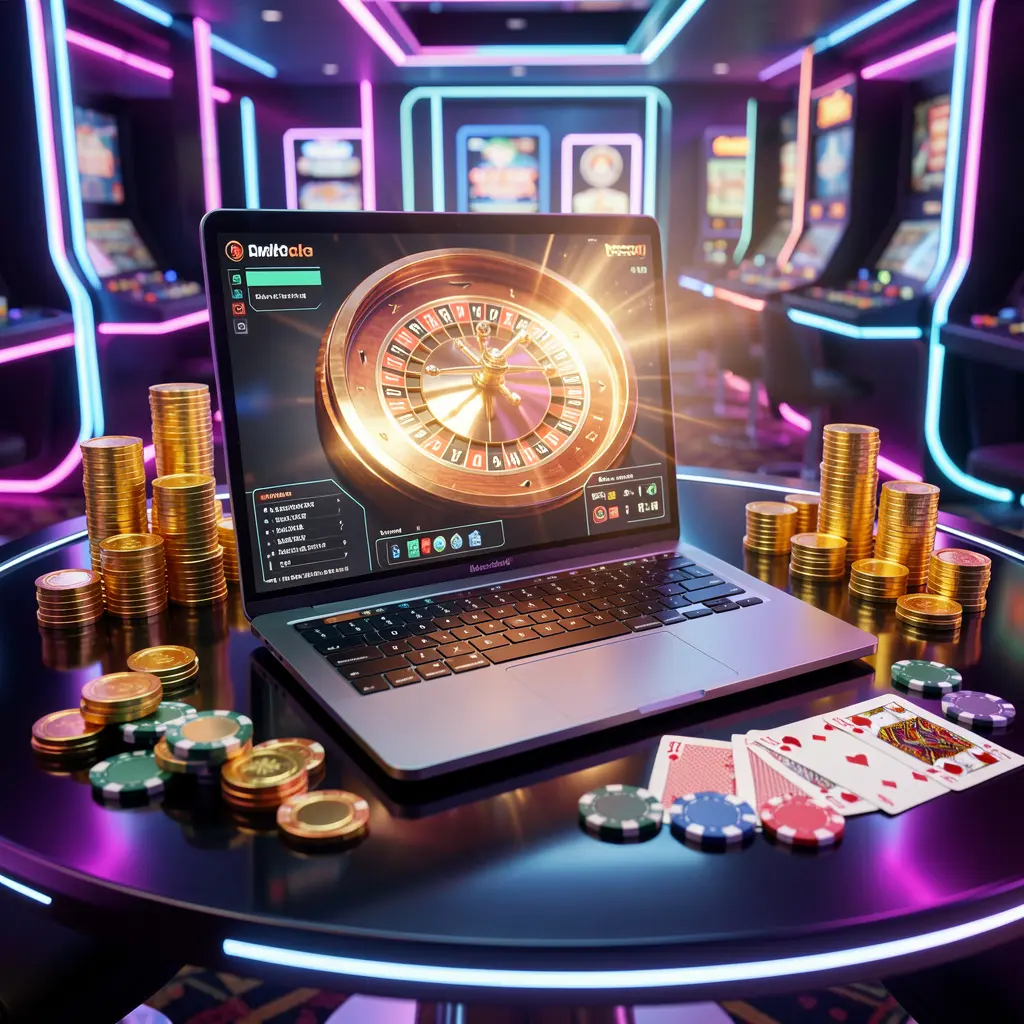 Modern laptop showing an online roulette wheel surrounded by casino chips and gold coins representing the premium CR777 casino experience for Pakistan players