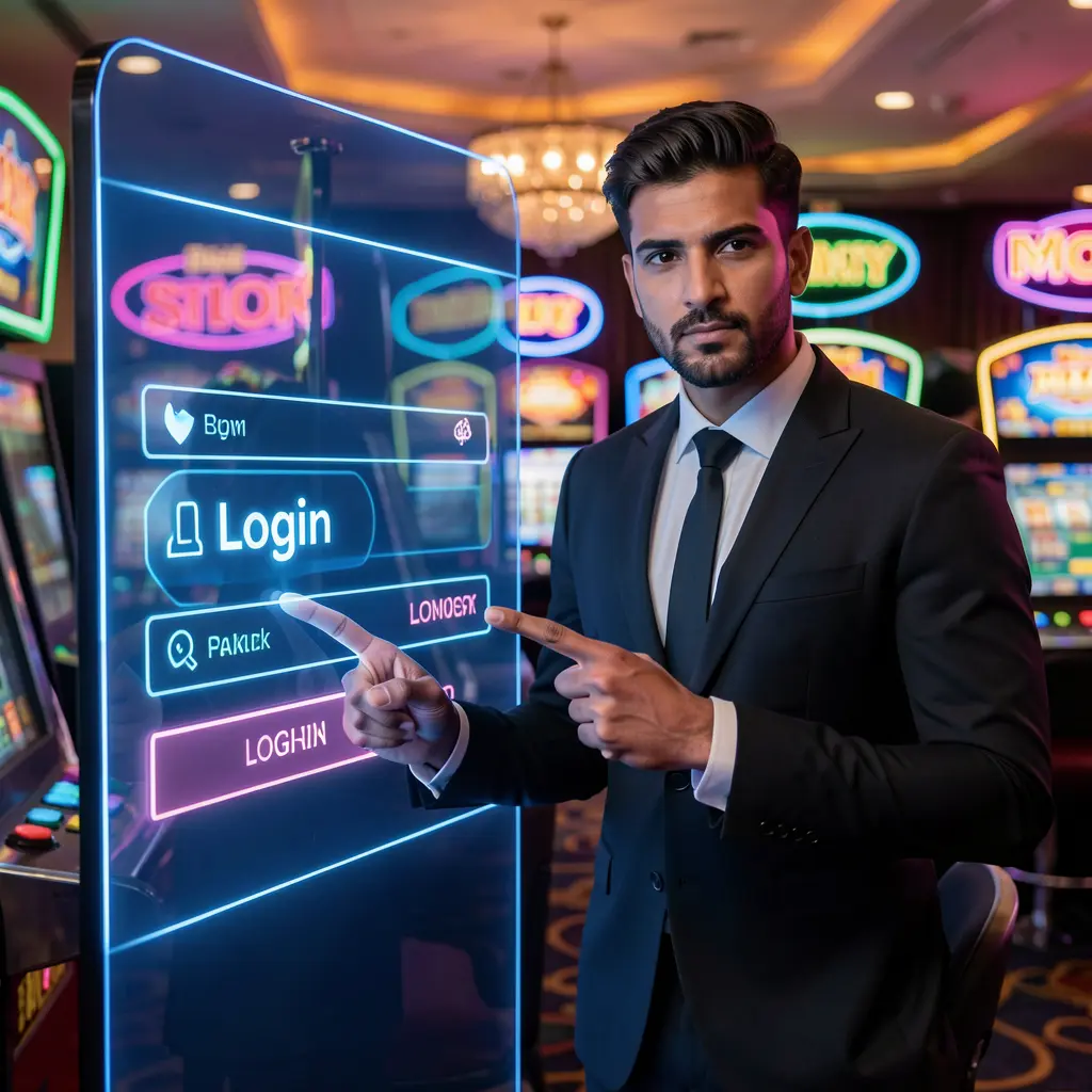 Professional Pakistani casino host pointing at a glowing CR777 login sign inside a modern digital casino environment