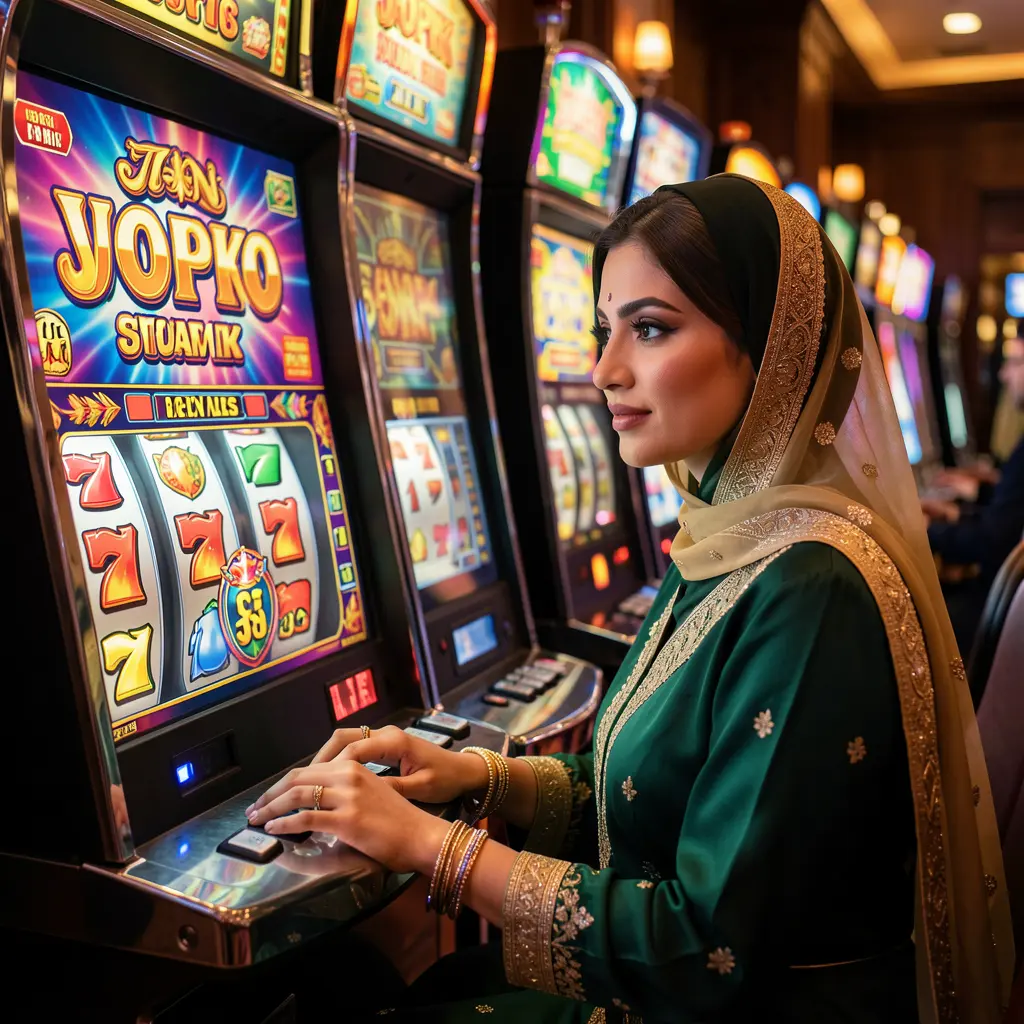 A stylish woman in traditional Pakistani attire enjoying modern slot machine gameplay at CR777 casino with bright lights and a premium gaming atmosphere